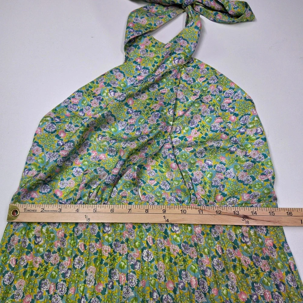ByTiMo Plisse Pleated Halterneck‎ Maxi Dress In Green Garden Open Back  Large